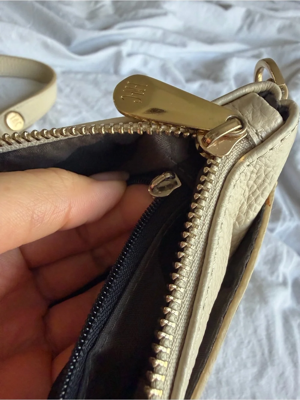 INC International Concepts Cream Leather Crossbody with Gold Chain